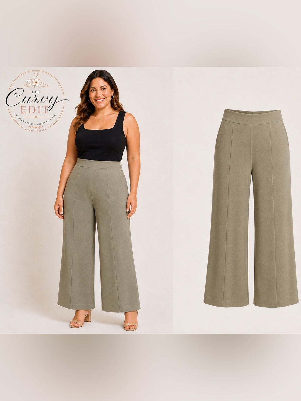 Kasper Olive Wide Leg Career Pants Size 14 Side Zip Dress Trousers Classic Chic
